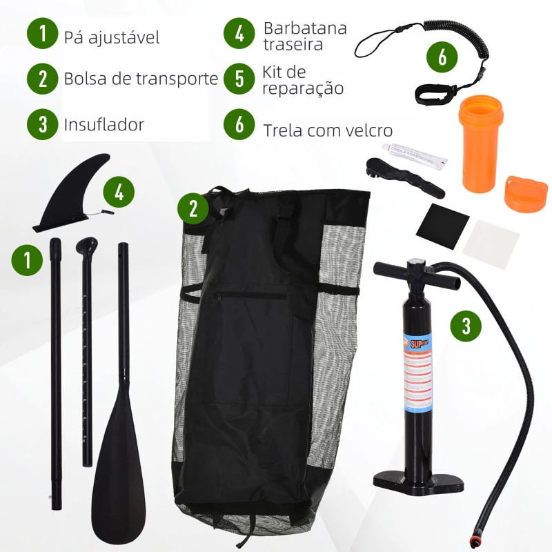 HOMCOM Prancha de Paddle Surf com Remo Ajustável 160-210cm Barbatana Removível Bolsa de Transporte Bomba de Insuflar 305x76x10cm Verde