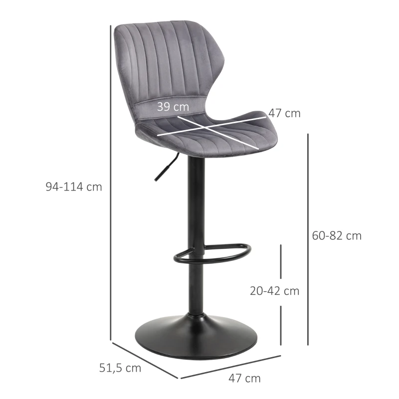 HOMCOM Conjunto de 2 Bancos Bar Giratórios e Ajustáveis em Altura Banco Alto Veludo com Encosto 47x51.5x94-114cm Cinza