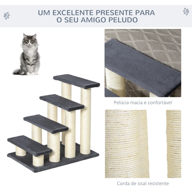 PawHut  Escadas para animais de estimação 60x42x61 cm Escadas para gatos pequenos cães mais velhos cobertura macia arranhador estável 4 degraus cinza