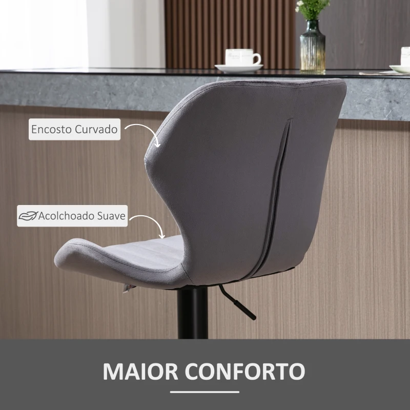 HOMCOM Conjunto de 2 Bancos Bar Giratórios e Ajustáveis em Altura Banco Alto Veludo com Encosto 47x51.5x94-114cm Cinza