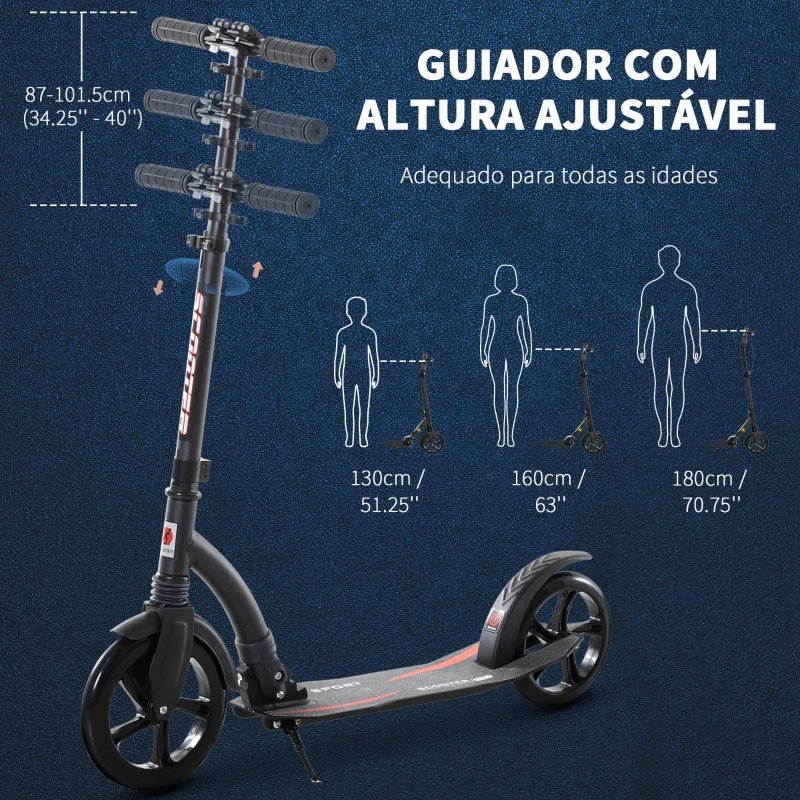HOMCOM Trotinete dobrável de alumínio para crianças acima de 14 anos altura ajustável de 87-101 cm com 2 Rodas Grandes Travagem Carga 100 kg Preto