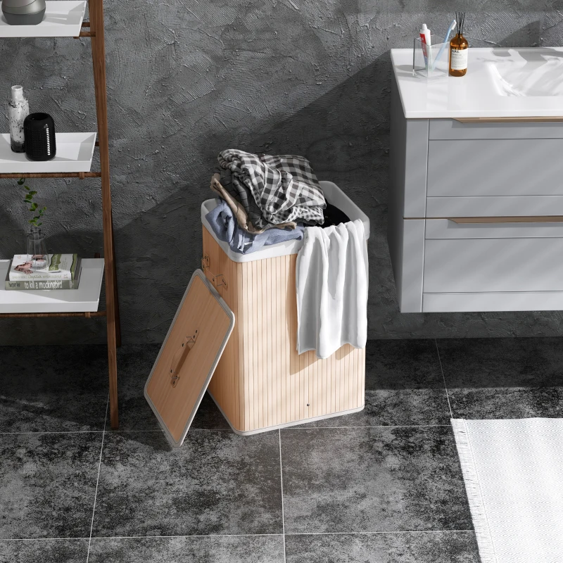 HOMCOM Cesto de Roupa de Bambu Dobrável Cesto para Roupa Suja com Tampa e Bolsa Amovível 40x30x60 cm Bambu