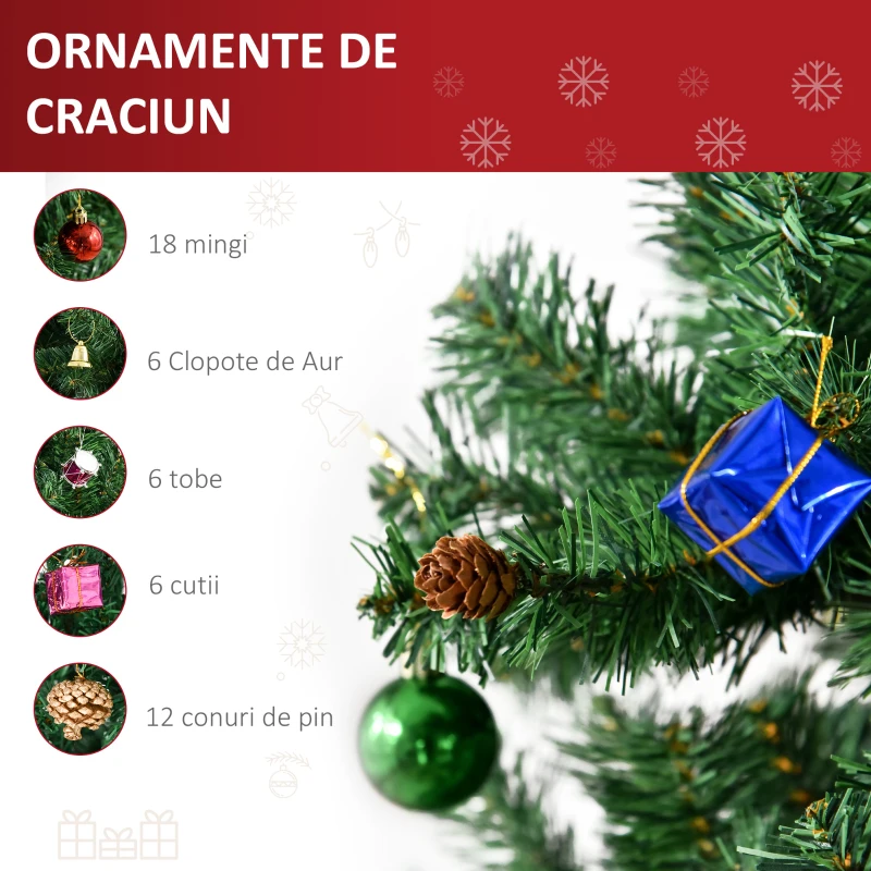 HOMCOM Brad de Crăciun 180 cm cu Globuri și Decorațiuni din PVC, Fier