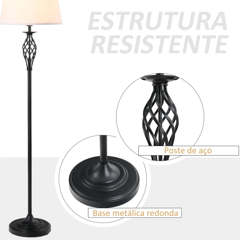 HOMCOM Conjunto de 2 Candeeiros de Mesa e Candeeiro de Pé com Ecrã de Tecido E27 Máx. 40W IP20 Ø38x158 cm e Ø30x62 cm Branco