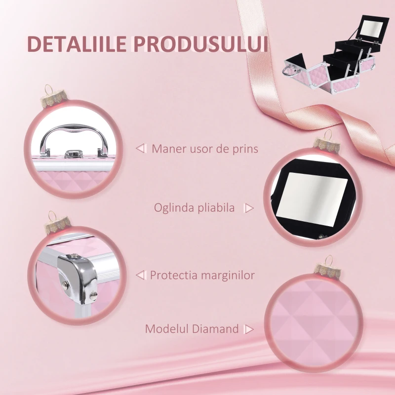 HOMCOM Trusa Machiaj Profesionala din Aluminiu, Roz