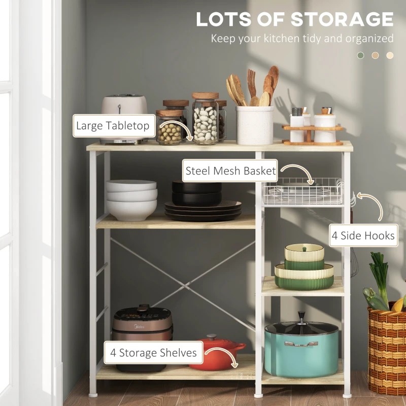 Homcom Raft Bucatarie – 4 Rafturi, Carlige & Cos Plasa, Lemn+Otel