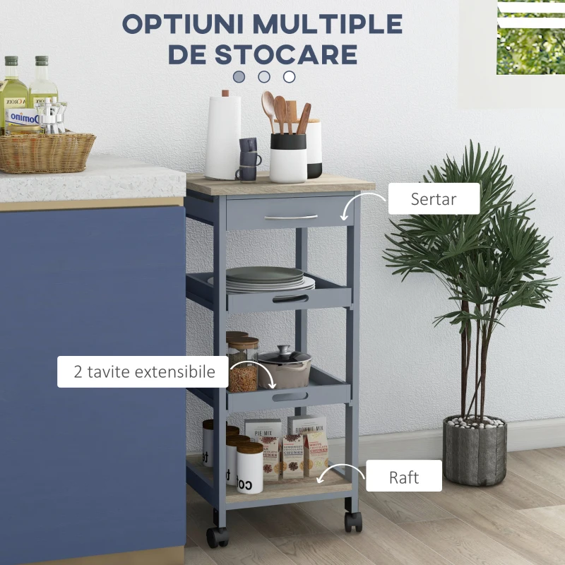 Homcom Carucior Bucatarie – Lemn cu Sertar, Tavi & Blat Fix