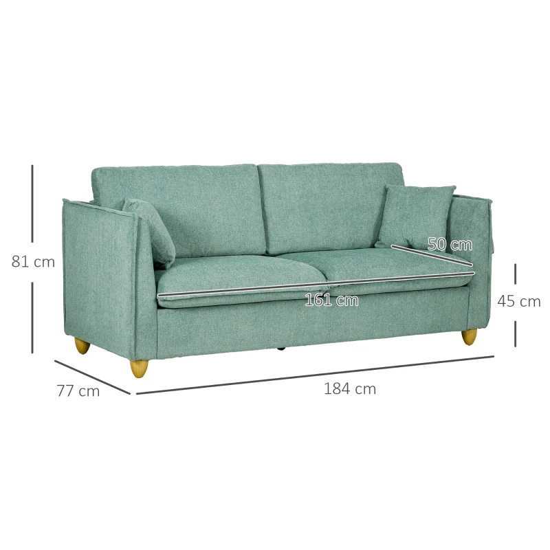 HOMCOM Canapea 3 Locuri din Tesatura, Canapea Capionata Stil Vintage cu Perne si Picioare din Lemn, 144x77x81cm, Verde
