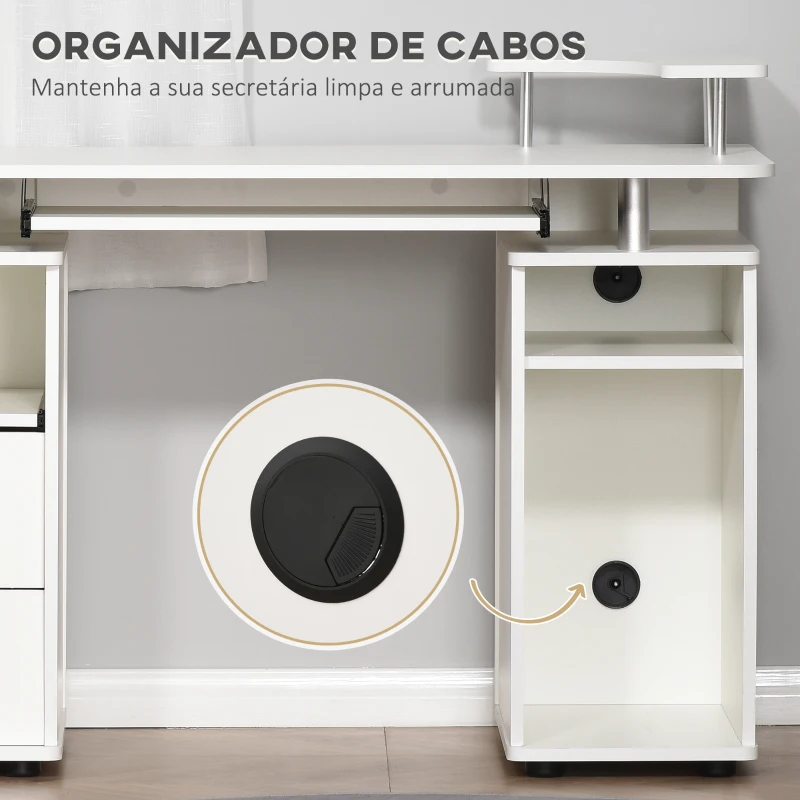HOMCOM Mesa de Computador com Prateleiras 2 Gavetas Bandeja de Teclado e Suporte para Monitor e CPU 120x55x85 cm Branco