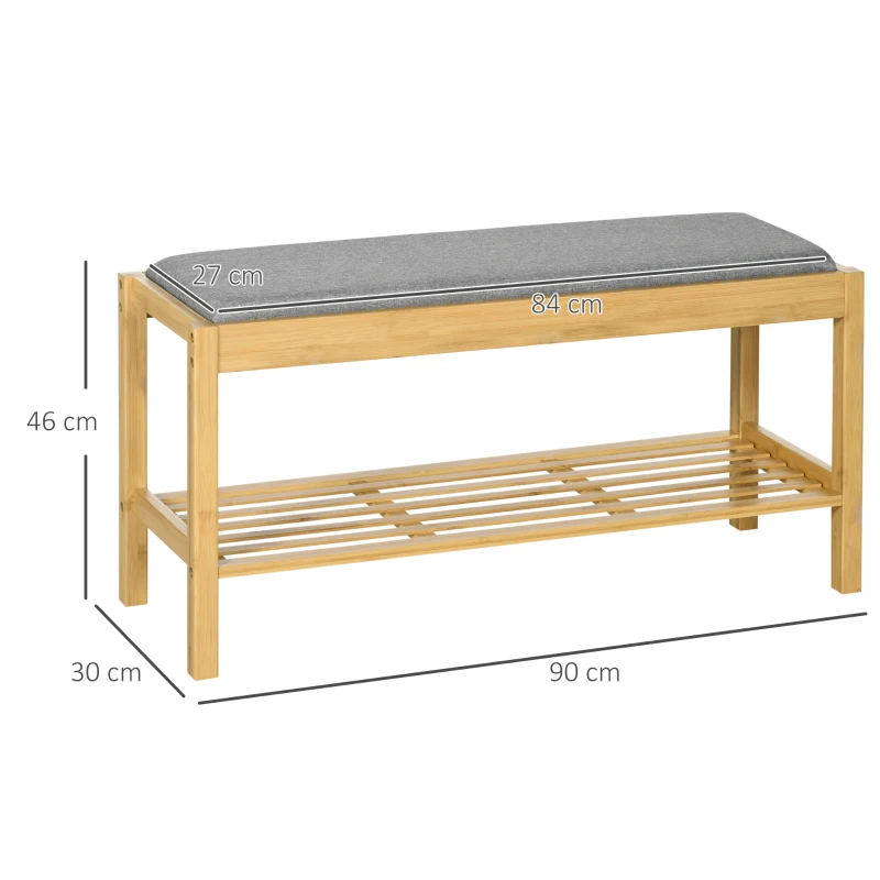 HOMCOM Banco Sapateira de Bambu com Assento Estofado para 3 Pares de Sapatos e Prateleira de 90x30x46 cm Madeira