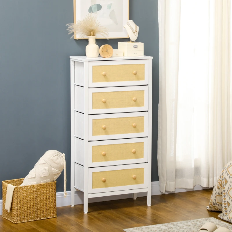 HOMCOM Cómoda Estilo Bohemio com 5 Gavetas de Tecido Dobráveis Superfície de Vime PE e Estrutura de Aço 62x30x126,5 cm Branco