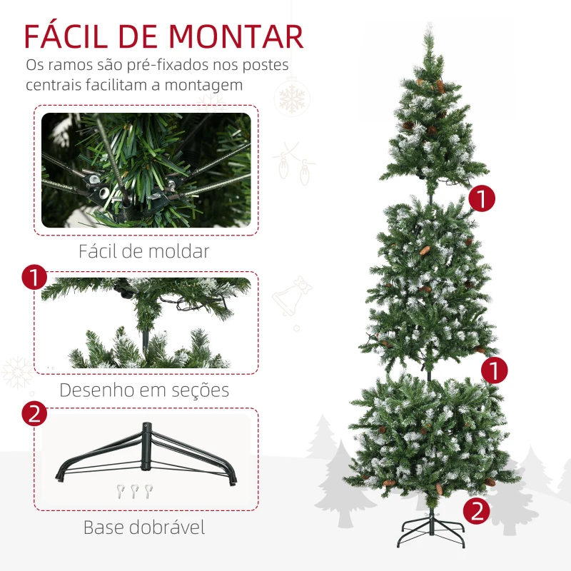 HOMCOM Árvore de Natal Artificial 230 cm com Luzes LED Altura com 1051 Ramos 45 Pinhas e Base Dobrável Ø100x230 cm Verde