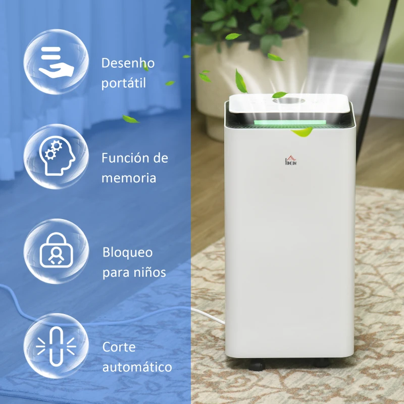 HOMCOM Desumidificador Elétrico 10L/dia Depósito 2,5L Silencioso com 5 Modos 2 Velocidades Ecrã LED e Temporizador 25x25x50,5 cm Branco