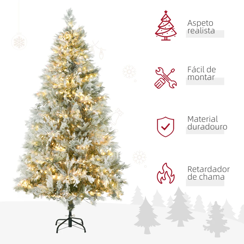 HOMCOM Árvore de Natal Artificial Nevada 180 cm com 300 Luzes LED 577 Ramos e Base Dobrável Verde