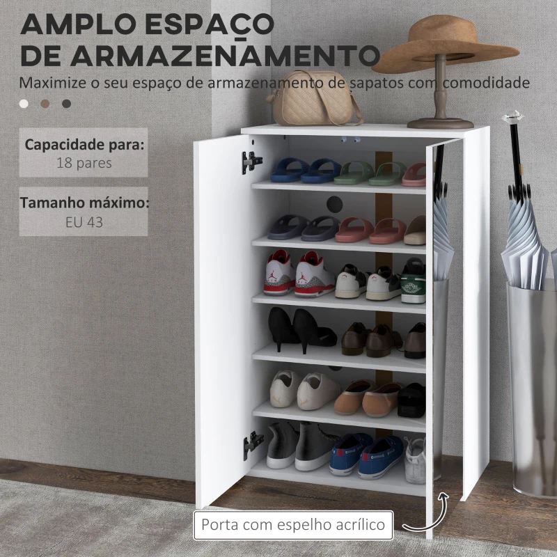 HOMCOM Sapateira com Espelho Móvel Sapateira para 18 Pares de Sapatos com Prateleiras Ajustáveis 60x32x95 cm Branco