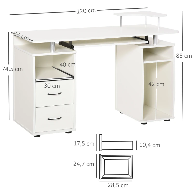 HOMCOM Mesa de Computador com Prateleiras 2 Gavetas Bandeja de Teclado e Suporte para Monitor e CPU 120x55x85 cm Branco