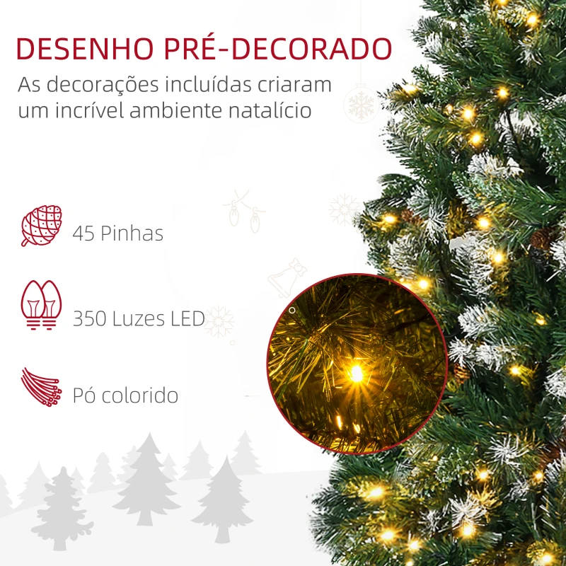 HOMCOM Árvore de Natal Artificial 230 cm com Luzes LED Altura com 1051 Ramos 45 Pinhas e Base Dobrável Ø100x230 cm Verde