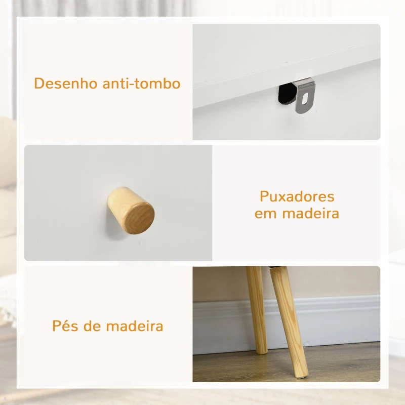 HOMCOM Cómoda com 3 Gavetas com Pés de Madeira de Pinho para Sala de Estar Escritório 80x30x80 cm Branco e Madeira