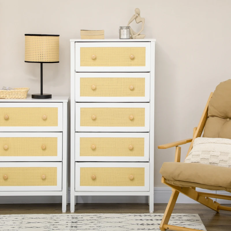 HOMCOM Cómoda Estilo Bohemio com 5 Gavetas de Tecido Dobráveis Superfície de Vime PE e Estrutura de Aço 62x30x126,5 cm Branco