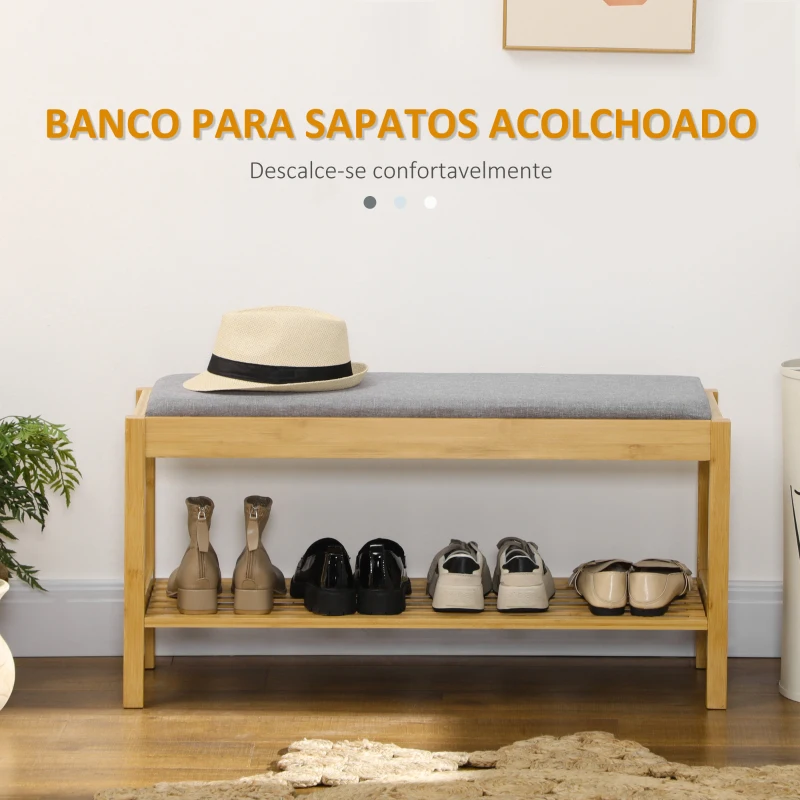 HOMCOM Banco Sapateira de Bambu com Assento Estofado para 3 Pares de Sapatos e Prateleira de 90x30x46 cm Madeira