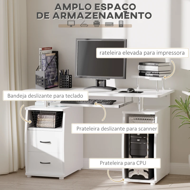 HOMCOM Mesa de Computador com Prateleiras 2 Gavetas Bandeja de Teclado e Suporte para Monitor e CPU 120x55x85 cm Branco