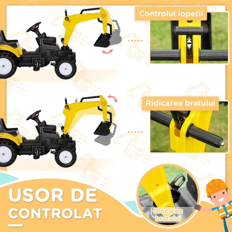 HOMCOM Excavator de jucarie cu urcare Cu pedala Vehidul de constructie pentru jocuri de simulare cu claxon pentru copii, galben(m-5)