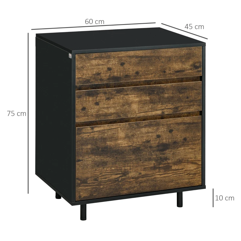 HOMCOM Comoda cu 3 Sertare din PAL in Stil rustic, 60x45x75cm, Maro si negru