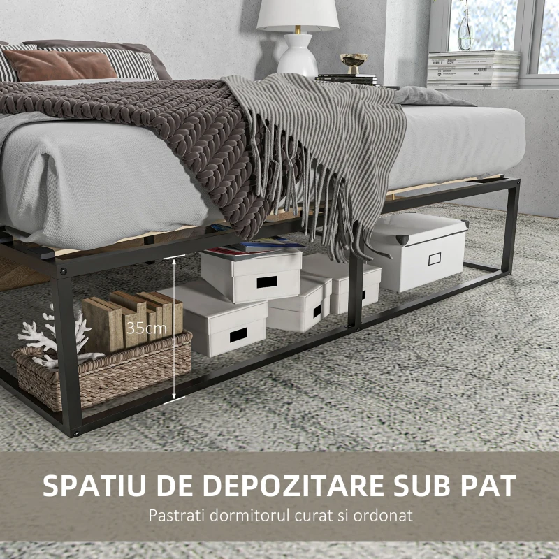 Homcom Cadru Pat 160×190 cm – Platforma Dubla Otel cu Lamele