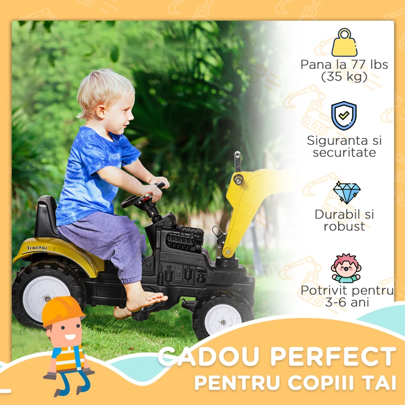 HOMCOM Excavator de jucarie cu urcare Cu pedala Vehidul de constructie pentru jocuri de simulare cu claxon pentru copii, galben(m-4)