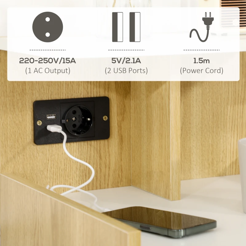 HOMCOM Noptiera moderna cu 2 Prize si iesiri USB si Sertar din PAL, 40x40x60cm, Culoare Lemn natur
