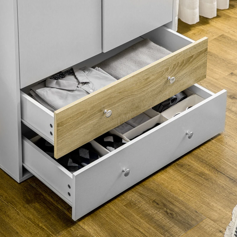 HOMCOM Roupeiro de Madeira Armário para Roupas com 2 Portas 2 Gavetas e 1 Barra para Pendurar 80x50x180 cm Branco e Carvalho