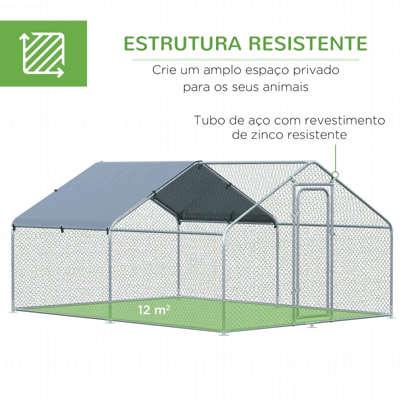 PawHut Galinheiro de Exterior Grande de Metal Galvanizado 3x4x1,95 m com Porta e Cobertura de Tecido de Oxford Prata