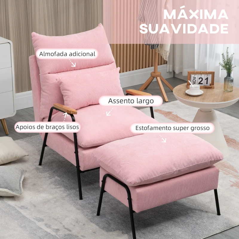 HOMCOM Poltrona Relax com Apoio para os Pés Poltrona Reclinável com Encosto Ajustável Estofada em Veludo 68x91,5x88 cm Rosa