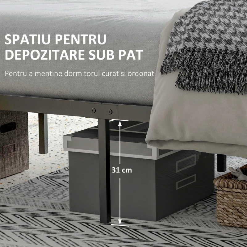 HOMCOM Cadru de Pat din PAL in Stil Industrial cu Tablii la Cap si la Picioare, Suport cu Lamele si Cutie de Depozitare, 149x207x104cm, Maro