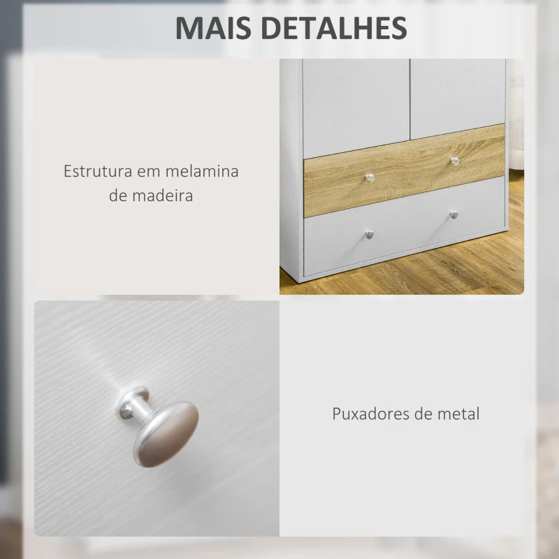 HOMCOM Roupeiro de Madeira Armário para Roupas com 2 Portas 2 Gavetas e 1 Barra para Pendurar 80x50x180 cm Branco e Carvalho