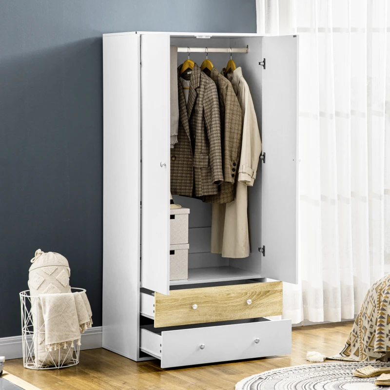 HOMCOM Roupeiro de Madeira Armário para Roupas com 2 Portas 2 Gavetas e 1 Barra para Pendurar 80x50x180 cm Branco e Carvalho
