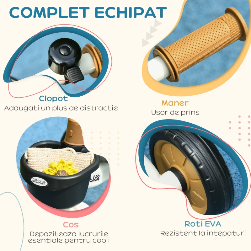 Aiyaplay Tricicleta Copii 2-5 Ani – Alb, cu Scaun Reglabil, Cos & Clopotel