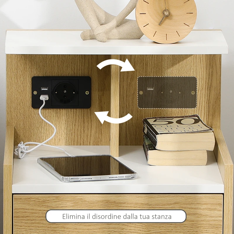 HOMCOM Noptiera moderna cu 2 Prize si iesiri USB si Sertar din PAL, 40x40x60cm, Culoare Lemn natur