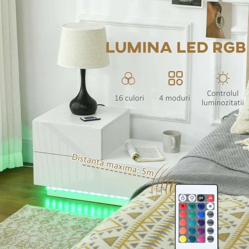 Homcom Noptiera LED RGB – 2 Sertare & Telecomanda