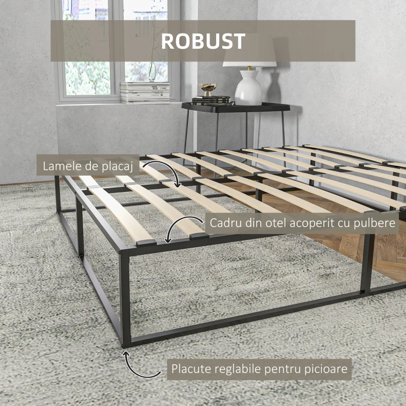 Homcom Cadru Pat 160×190 cm – Platforma Dubla Otel cu Lamele