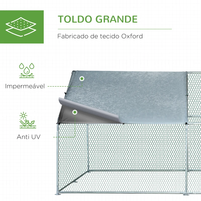 PawHut Galinheiro de Exterior Grande de Metal Galvanizado 3x4x1,95 m com Porta e Cobertura de Tecido de Oxford Prata
