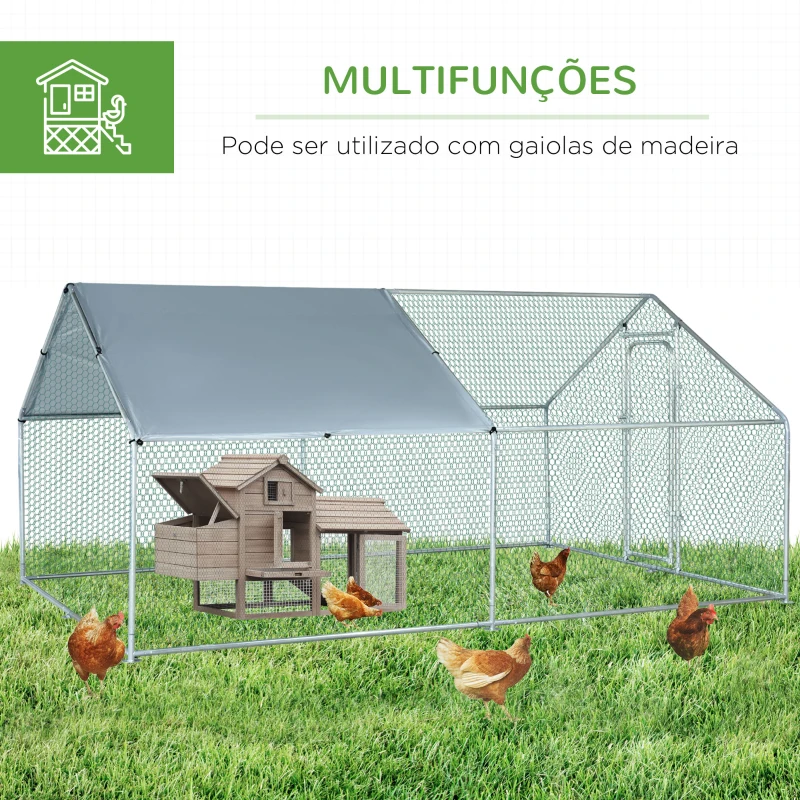 PawHut Galinheiro de Exterior Grande de Metal Galvanizado 3x4x1,95 m com Porta e Cobertura de Tecido de Oxford Prata