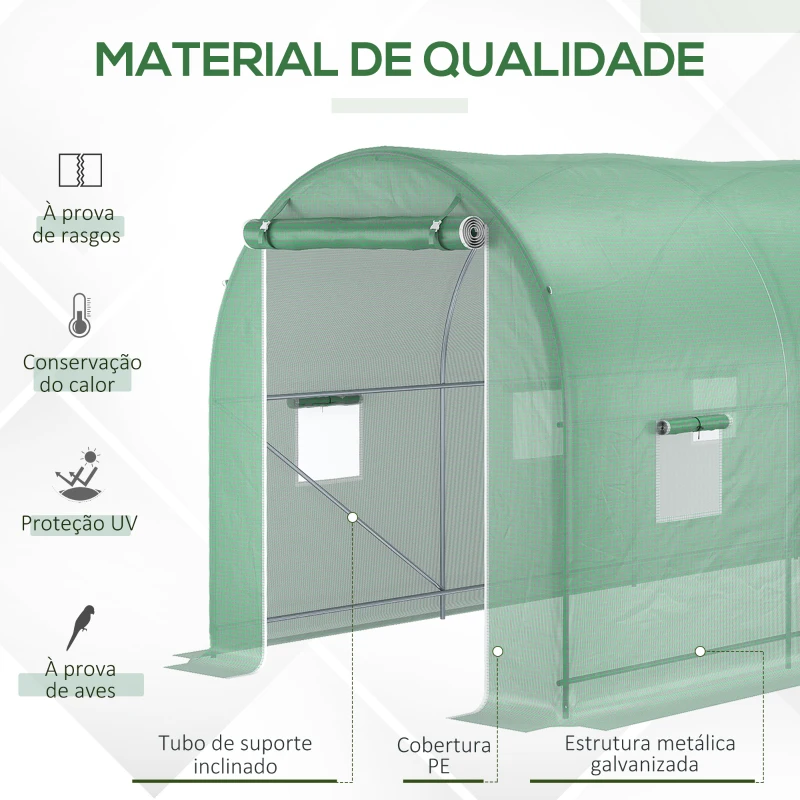 Outsunny Estufa tipo Túnel 500x200x205 cm Estufa de Jardim com Porta Enrolável e 8 Janelas Cobertura de PE 140 g/m² Verde