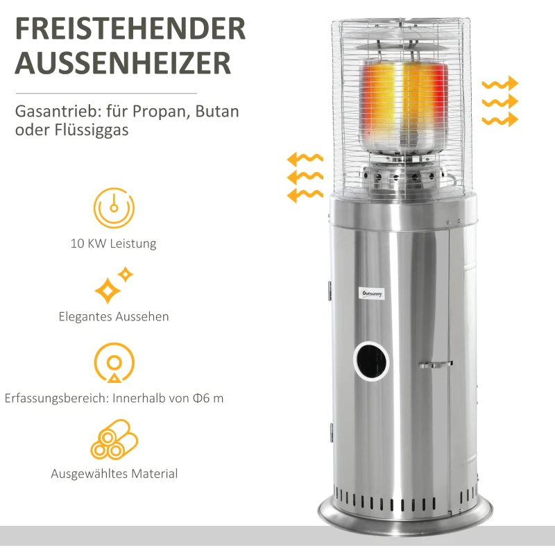 Outsunny Heizstrahler Terrassenheizer mit Handgriff und Rädern Terrassenstrahler mit Drehknopf rollbar Gas 10KW elegantes Aussehen rostfreier Stahl Silber Ø55,6 x 143 cm