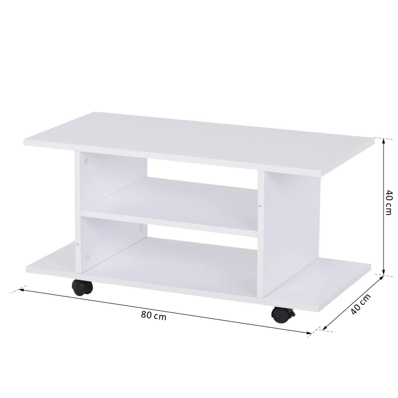 HOMCOM Móvel para TV para Televisores de Até 42 Polegadas Móvel de TV com Prateleiras e Rodas com Travão 80x40x40 cm Branco