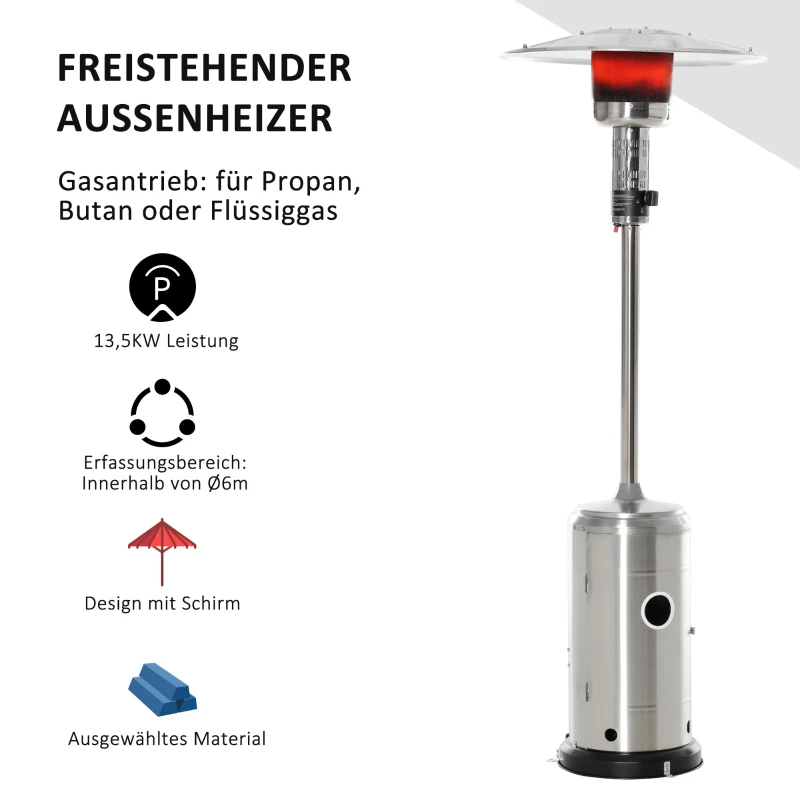 Outsunny Heizstrahler Terrassenheizer mit Anti-Kipp-Schalter automatischer Sicherheitsabschaltung Terrassenstrahler mit Rädern rollbar Gas 13,5kW Rostfreier Stahl Silber Ø81,5 x 225 cm