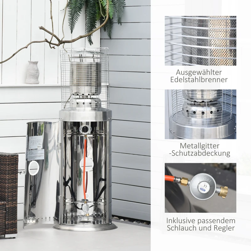 Outsunny Heizstrahler Terrassenheizer mit Handgriff und Rädern Terrassenstrahler mit Drehknopf rollbar Gas 10KW elegantes Aussehen rostfreier Stahl Silber Ø55,6 x 143 cm