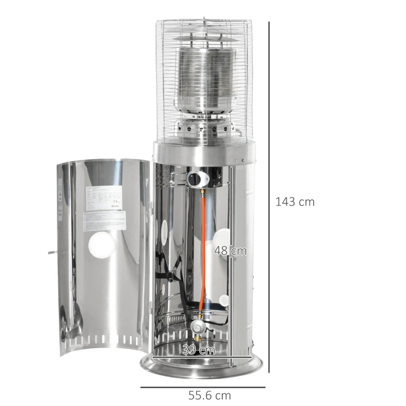 Outsunny Heizstrahler Terrassenheizer mit Handgriff und Rädern Terrassenstrahler mit Drehknopf rollbar Gas 10KW elegantes Aussehen rostfreier Stahl Silber Ø55,6 x 143 cm