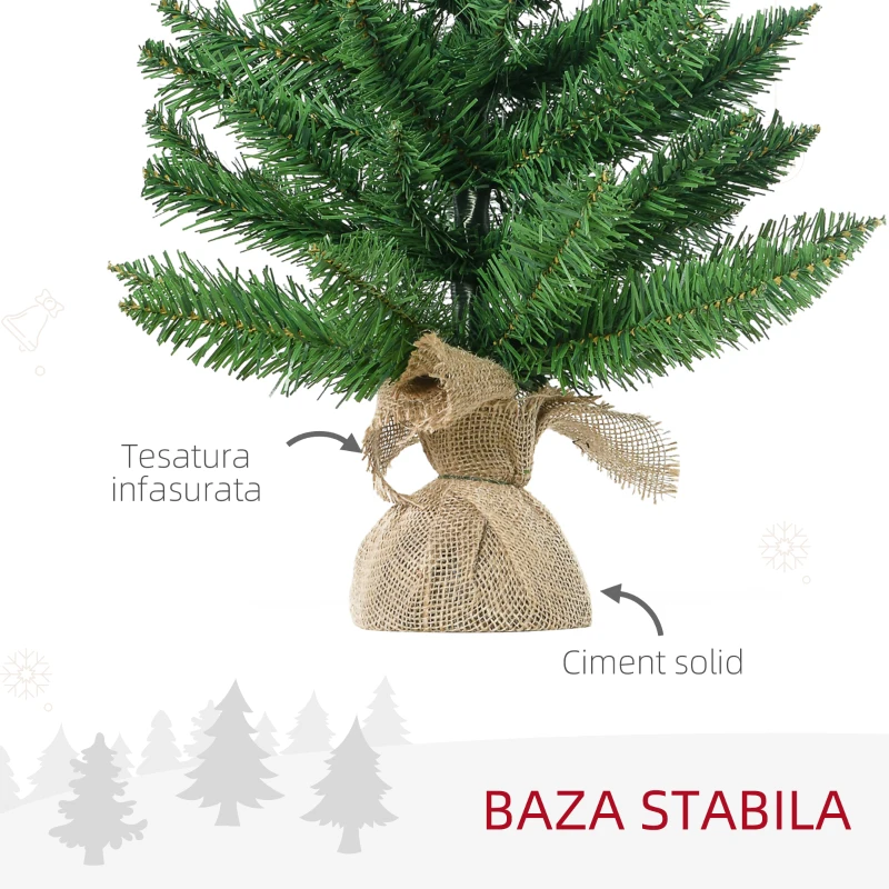 HOMCOM 45cm Mini Brad de Craciun Artificial Pin, 50 Ramuri, Geanta de baza din iuta, PVC