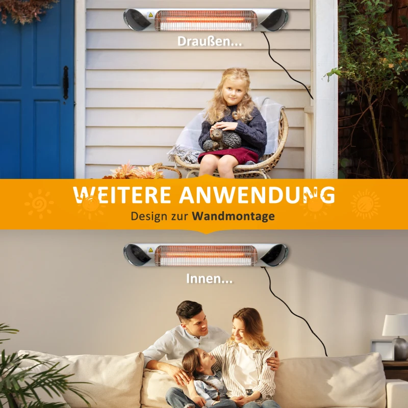 Outsunny Heizstrahler, 4 Heizstufen, mit Fernbedienung, wasserfest & staubresistent, Stahl+Aluminium, 88 x 13 x 9cm